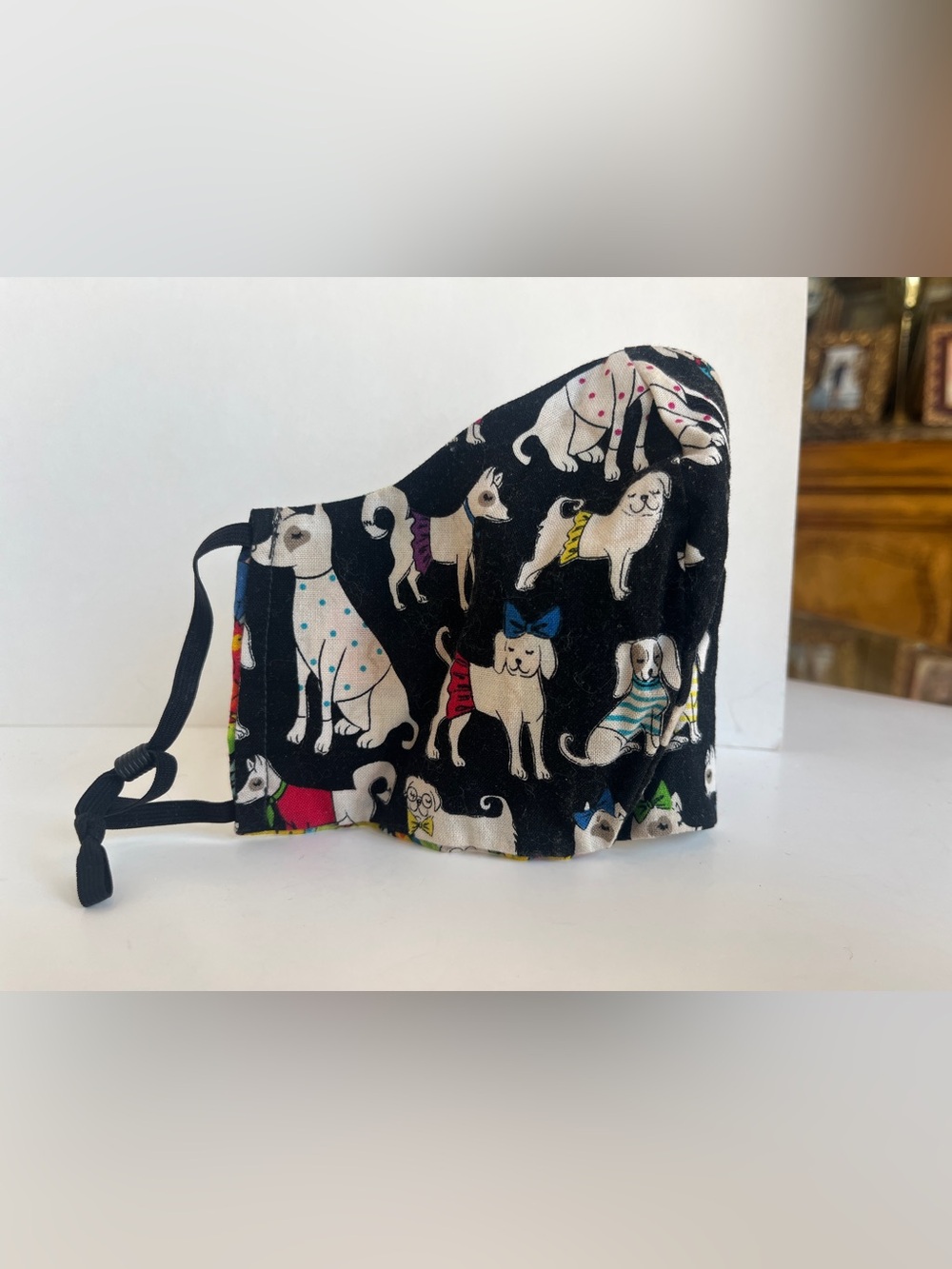Dog Print Reversible Washable Fabric Face Mask - Black with Multicolor Dogs